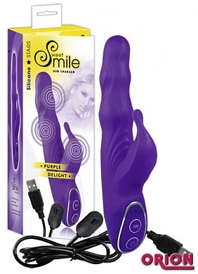 Гибкий вибратор с тремя моторчиками, утолщениями в виде шариков на стволе и насадкой в форме носа 