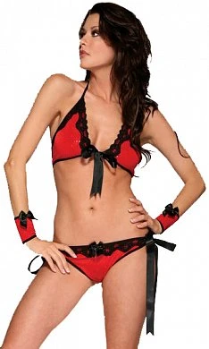 Блестящий бюстгальтер трусики с завязками на бёдрах и манжеты