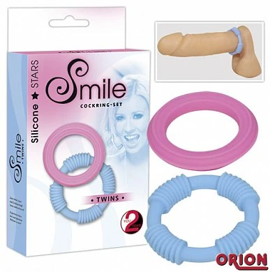 Два кольца для пениса розового и голубого цвета. Размер: диаметр 3 см (растягиваются). 